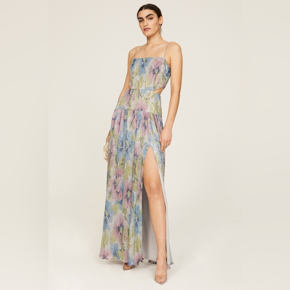 Liv Foster Spaghetti-Strap Floral metallic Evening Dress in Pastel Multicolor